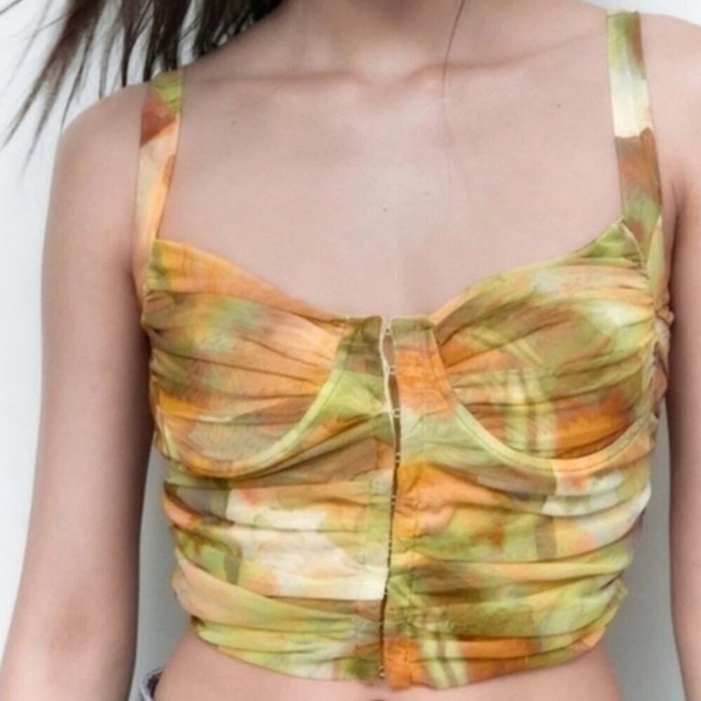 ZARA printed tulle snaps at the front fil coupé corset top  SIZE S 5039/708/078